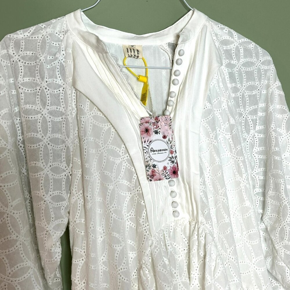 Aoxwomen Minidress sz S Eyelet Boho Cottagecore Hi Lo Hem Peasant Sleeve NWT - Picture 3 of 10
